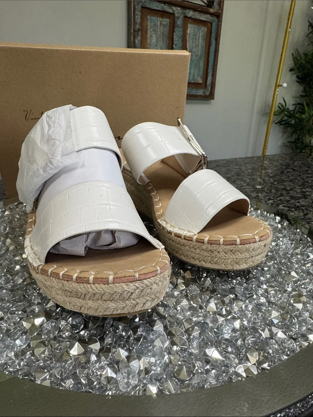 Vintage Havana Robin White Croc-Texture Espadrille Wedge Sandals Buckle NEW 7